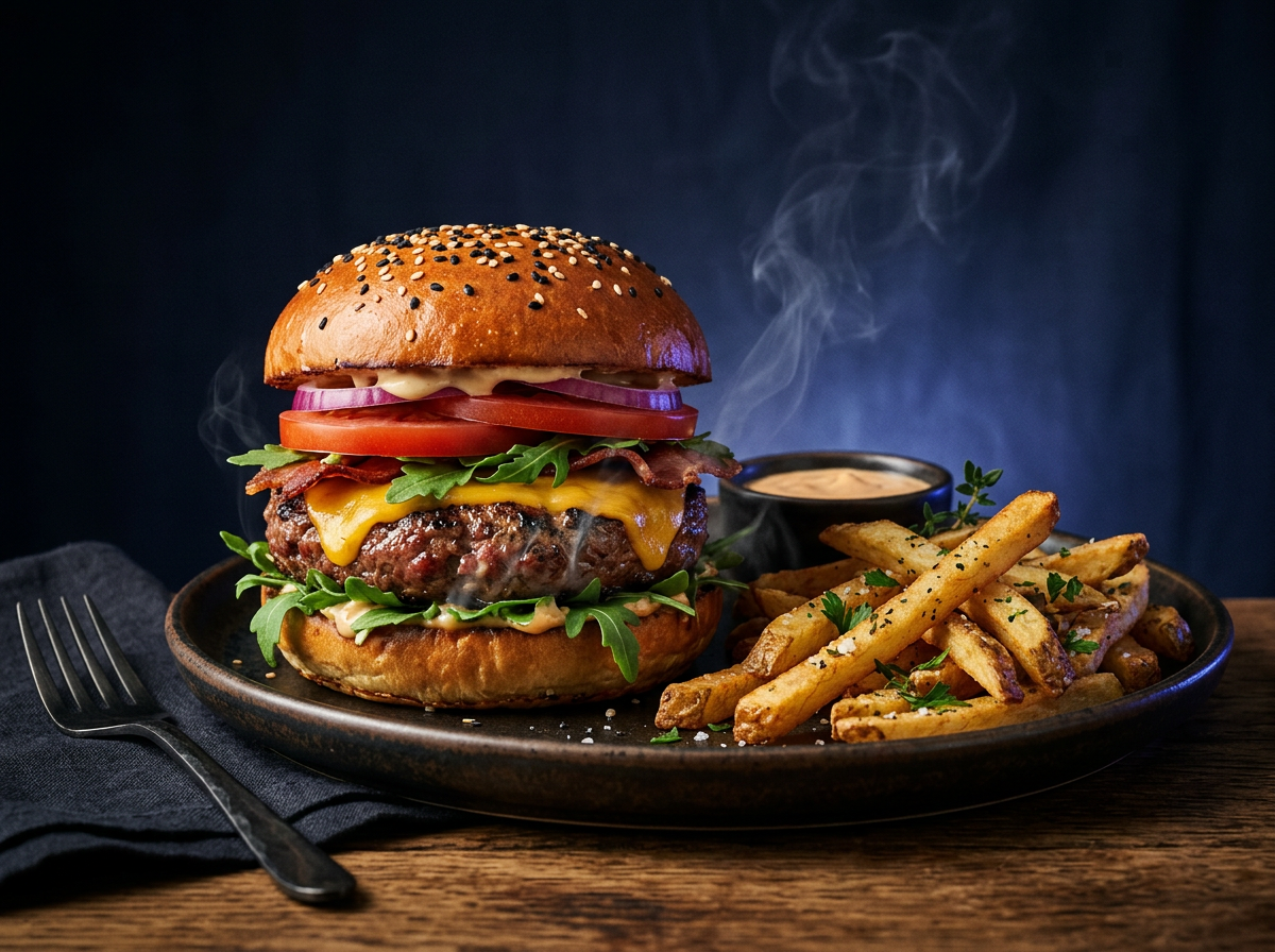 Gourmet burger and fries in dramatic studio lighting